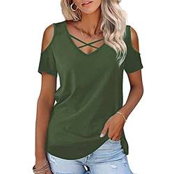 Damen T-Shirt Kurzarm Tshirt Criss Cross V-Ausschnitte Sommer Tee Shirts Oberteile Einfarbige Einfaches Tunika Tops Casual Beiläufig Bluse Lose Basic Tops von FFWTPY