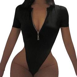 FFWTPY Damen Elegant Sexy Body Kurzarm Rundhals Bodys Bodysuit Jumpsuit Tops Thong kurze Ärmel Overall Unterziehbody Blusebody mit Reißverschluss von FFWTPY