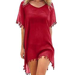 FFWTPY Damen Strandkleid, Chiffon Sommer Strandponcho, Badeanzug Bikini Cover-Ups mit Quasten, Boho Strandtunika, Transparent Strandurlaub Badeanzug, Bikini Beachwear (rot) von FFWTPY