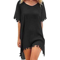 FFWTPY Damen Strandkleid, Chiffon Sommer Strandponcho, Badeanzug Bikini Cover-Ups mit Quasten, Boho Strandtunika, Transparent Strandurlaub Badeanzug, Bikini Beachwear (schwarz) von FFWTPY