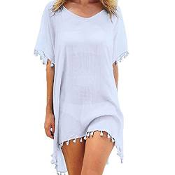 FFWTPY Damen Strandkleid, Chiffon Sommer Strandponcho, Badeanzug Bikini Cover-Ups mit Quasten, Boho Strandtunika, Transparent Strandurlaub Badeanzug, Bikini Beachwear (weiß) von FFWTPY