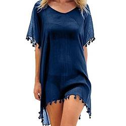 FFWTPY Damen Strandkleid, Chiffon Sommer Strandponcho, Badeanzug Bikini Cover-Ups mit Quasten, Boho Strandtunika, Transparent Strandurlaub Beachwear (Marineblau) von FFWTPY