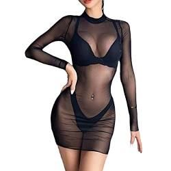 FFWTPY Damen Strandkleid Sexy Bikini Cover Up Strandurlaub Badeanzug Sommer Durchsichtig Strandponcho Schwarz Mesh Kleid Sommerkleid Bademode Beachwear Party Clubwear von FFWTPY