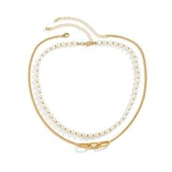Perlen Ketten Damen Halskette Perlenkette Perle Halskette Perlen Choker Layering Kette Silber Gold Doppelschicht Geschenke für Frauen und Mädchen Schmuck für Freundin (Gold) von FFWTPY