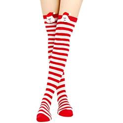 FGFD&OU Damen Kniestrümpfe Overknees Strümpfe Lange Strick Warme High knee Socken Leggings Strümpfe Ringel Überknie Cheerleader Kostüm Sportsocken für Damen und Mädchen (Xmas-Rot&Weiß) von FGFD&OU