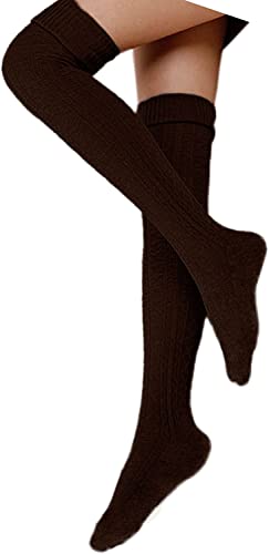 FGFD&OU Damen Overknee Socken Lange Strümpfe Strick Baumwolle Dicke Warme Überknie Kniestrümpfe Weihnachtssocken für Damen und Mädchen (Braun) von FGFD&OU