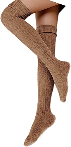 FGFD&OU Damen Overknee Socken Lange Strümpfe Strick Baumwolle Dicke Warme Überknie Kniestrümpfe Weihnachtssocken für Damen und Mädchen (Khaki) von FGFD&OU