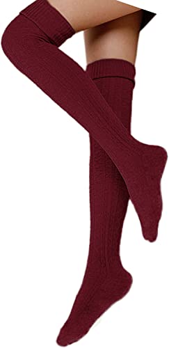 FGFD&OU Damen Overknee Socken Lange Strümpfe Strick Baumwolle Dicke Warme Überknie Kniestrümpfe Weihnachtssocken für Damen und Mädchen (Rot) von FGFD&OU