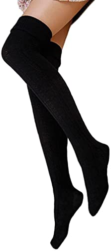 FGFD&OU Damen Overknee Socken Lange Strümpfe Strick Baumwolle Dicke Warme Überknie Kniestrümpfe Weihnachtssocken für Damen und Mädchen (Schwarz) von FGFD&OU