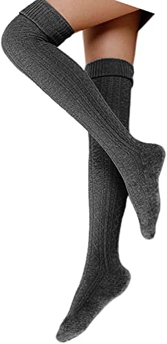 FGFD&OU Damen Overknee Socken Lange Strümpfe Strick Baumwolle Dicke Warme Überknie Kniestrümpfe Weihnachtssocken für Damen und Mädchen (Tief grau) von FGFD&OU