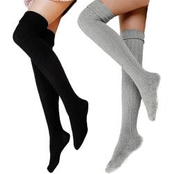FGFD&OU Damen Overknee Socken Lange Strümpfe Strick Baumwolle Dicke Warme Überknie Kniestrümpfe Weihnachtssocken für Damen und Mädchen (schwarz+Hellgrau) von FGFD&OU