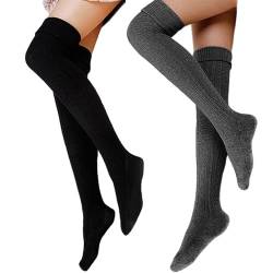 FGFD&OU Damen Overknee Socken Lange Strümpfe Strick Baumwolle Dicke Warme Überknie Kniestrümpfe Weihnachtssocken für Damen und Mädchen (schwarz+Tief grau) von FGFD&OU