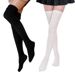 FGFD&OU Damen Overknee Socken Lange Strümpfe Strick Baumwolle Dicke Warme Überknie Kniestrümpfe Weihnachtssocken für Damen und Mädchen (schwarz+Weiß) von FGFD&OU
