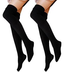 FGFD&OU Damen Overknee Socken Lange Strümpfe Strick Baumwolle Dicke Warme Überknie Kniestrümpfe Weihnachtssocken für Damen und Mädchen (schwarz+schwarz) von FGFD&OU
