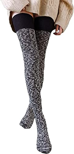 FGFD&OU Damen Overknee Socken Strümpfe Strick Baumwolle Dicke Warme Überknie Kniestrümpfe Trachtenstrümpfe Lange Thermosocken Weihnachtssocken für Frauen und Mädchen (Schwarz) von FGFD&OU