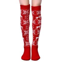 FGFD&OU Damen Overknee Socken Strümpfe Strick Baumwolle Dicke Warme Überknie Kniestrümpfe Trachtenstrümpfe Lange Thermosocken Weihnachtssocken für Frauen und Mädchen (Xmas-Rot) von FGFD&OU