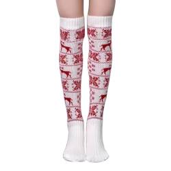 FGFD&OU Damen Overknee Socken Strümpfe Strick Baumwolle Dicke Warme Überknie Kniestrümpfe Trachtenstrümpfe Lange Thermosocken Weihnachtssocken für Frauen und Mädchen (Xmas-Weiß) von FGFD&OU