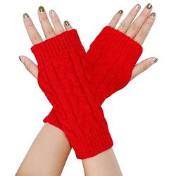 FGFD&OU Fingerlose Handschuhe für Damen Gestrickte Halb Fingerhandschuhe Kurzer Strickhandschuhe Fäustlinge Handwärmer Handgelenkwärmer Armstulpen Handstulpen Pulswärmer (1Paar-Rot) von FGFD&OU