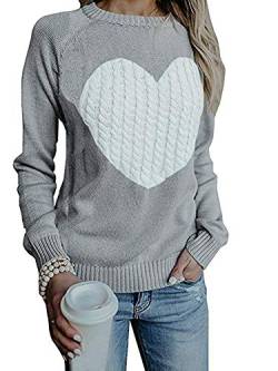 FGFD&OU Pullover Damen Oversize Strickpullover Pulli Rundhals Elegant Sweater Langarm Winter Outwear Thermische Tops Casual Sweatshirts Weihnachtspulli für Frauen (Grau, XS) von FGFD&OU