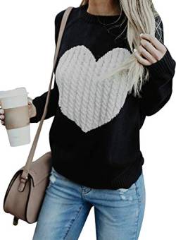 FGFD&OU Pullover Damen Oversize Strickpullover Pulli Rundhals Elegant Sweater Langarm Winter Outwear Thermische Tops Casual Sweatshirts Weihnachtspulli für Frauen (Schwarz, S) von FGFD&OU