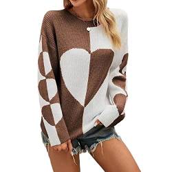 FGFD&OU Pullover Damen Oversize Strickpullover Pulli Rundhals Elegant Sweater Langarm Winter Outwear Thermische Tops Casual Weihnachtspulli für Frauen (A-Kaffee, L) von FGFD&OU