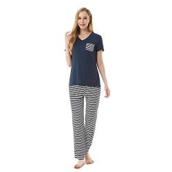 FGFD&OU Schlafanzug Damen Nachtwäsche Langarm und Kurzarm Pyjama Zweiteiliger Baumwolle Loungewear Schlafhose und Oberteile Weich Lounge Set Damen mit V-Ausschnitt (Kurzarm Blau, XL) von FGFD&OU