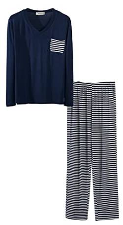 FGFD&OU Schlafanzug Damen Nachtwäsche Langarm und Kurzarm Pyjama Zweiteiliger Baumwolle Loungewear Schlafhose und Oberteile Weich Lounge Set Damen mit V-Ausschnitt (Langarm Blau, S) von FGFD&OU