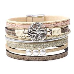 Lederarmband Damen Herren Leder Wickelarmbänder Baum des Lebens Armband mit Magnetverschluss aus Edelstah Bracelet für Frauen & Mädchen (Beige) von FGFD&OU