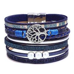 Lederarmband Damen Leder Wickelarmbänder Baum des Lebens Armband mit Magnetverschluss aus Edelstah Bracelet für Frauen & Mädchen (Z-Blau) von FGFD&OU