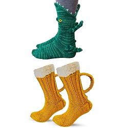 Lustige Socken Herren Damen Bunte Stricksocken Winter Dicke Warme Socken Unisex Kuschel Thermosocken Grobstrick Weihnachtssocken Weihnachtsgeschenke für Männer und Frauen (A-Gelb+Krokodil, 32-38) von FGFD&OU