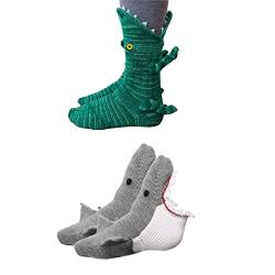 Lustige Socken Herren Damen Bunte Stricksocken Winter Dicke Warme Socken Unisex Kuschel Thermosocken Grobstrick Weihnachtssocken Weihnachtsgeschenke für Männer und Frauen (A-Krokodil+Hai, 32-38) von FGFD&OU