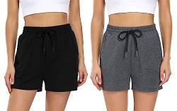 Shorts Damen Baumwolle Kurz Hosen Jogginghose Kurze Sporthose Sommerhose Sweathose Atmungsaktive Laufshorts Trainingshose zum Fitness Running Gym Basketball Yoga für Sommer (Z-Schwarz+Tiefgrau, L) von FGFD&OU