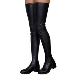 FGRID Damen-Oberschenkelhohe Overknee-Stiefel, modische Kunstleder-Stiefel mit niedrigem Absatz und seitlichem Reißverschluss, große Winter-warme Leder-Ritterstiefel,Black single,47 von FGRID