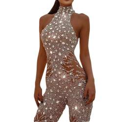 FGRID Damen-Overall mit Pailletten, ärmellos, schmal, glitzernd, durchsichtig, mit Strasssteinen, figurbetont, Party-Clubwear-Strampler-Outfits,Gold,M von FGRID