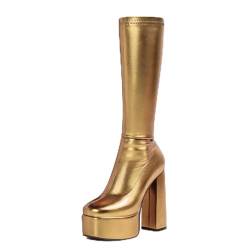 FGRID Damen-Stiefel mit klobigem Blockabsatz, kniehohe Stiefel, quadratische Zehenpartie Lackleder Plateau hoher Absatz mittelhohe Stiefel Slip-on-Party-Tanzstiefel,Gold,36 von FGRID