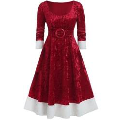 FGRID Weihnachtskleider für Damen, modisches Weihnachts-Swing-Kleid aus Samt mit Taillenbetonung und Rundhalsausschnitt, Elegantes, langärmliges Partykleid in A-Linie,Rot,2XL von FGRID
