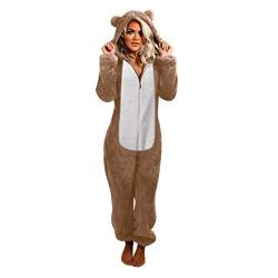 BäRen Onesie Damen Teddy Fleece Einteiler Overall Anzug Flauschig Schlafanzug Winter Warm Onesie Mit Kapuze ReißVerschluss PlüSch Jumpsuit Schlafanzug Kuschelig Lang Pyjama Homewear Tier KostüM von FGUUTYM