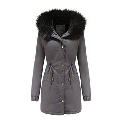 FGUUTYM Mantel Fellkragen Damen in Übergröße, warm, trendig, mit Fleece gefüttert, mit Kapuze, Schneemantel, Jacke, Outwear Damen Mantel Wolle (Grey, XXL) von FGUUTYM