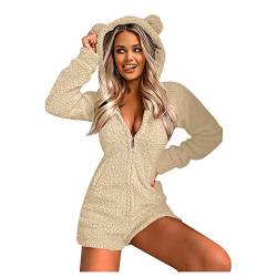 FGUUTYM Onesie Damen Bär Fleece Jumpsuit Kurze Süße Einteiler Overall Warme Tier Pyjama Plüsch Schlafanzug Flauschig Weich Hausanzug Schlafoverall Mit Kapuze Reißverschluss Homewear Sportanzug Set von FGUUTYM