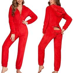 FGUUTYM Onesie Damen Kuschelig Teddy Fleece Einteiler Schlafanzug Erwachsene Butt Button Back Flap Pyjama Schlafoverall Winter Warm Rot Onesie Jumpsuit Tier Plüsch Overall Jogging Training Anzug von FGUUTYM