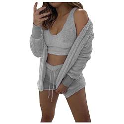 Schlafanzug Damen Kurz 3-teiliges Sexy Solid Plush Pyjamas Set Loungewear-Outfits Crop Tops mit U-Ausschnitt und hoher Taille Hose mit offener Vorderseite und offener Strickjacke Hausanzug Loungewear von FGUUTYM