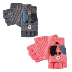 2 Paar Kinder Umwandelbare Fingerlose Klappe-Abdeckhandschuhe für Mädchen und Jungen im Alter von 5-12 Jahren, Winter-Klapphandschuhe, Cartoon-Handschuhe für Jungen und Mädchen von FIBOUND