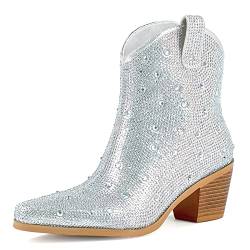 FIFSY Damen Strass Cowboy Stiefel Glitzer Chunky Heel Sparkly Cowgirl Stiefeletten, silber, 40.5 EU von FIFSY