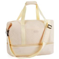 FIGESTIN Reisetasche Damen Sporttasche mit Schuhfach Weekender Bag Duffle Bag Travel Bag Schwimmtasche Faltbare Handgepäck Tasche für Flugzeug Reisen Beige von FIGESTIN