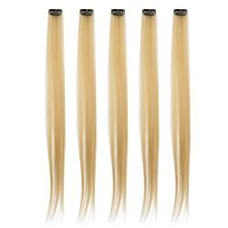 5 Farbige Haarverlängerungen, Highlights Bunte Clip-In-Haarverlängerungen 21,65 Zoll Gerade Synthetische Haarteile für Frauen Mädchen, Stilvoller Haarteil-Clip für Party-Cosplay(Flachs) von FILFEEL