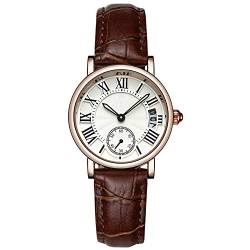FILFEEL Uhren für Frauen, Dame Analog Round Quartz Lederband Date Watch Klassische Armbanduhr(Brown Strap) von FILFEEL