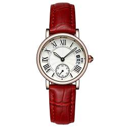 FILFEEL Uhren für Frauen, Dame Analog Round Quartz Lederband Date Watch Klassische Armbanduhr(Rot) von FILFEEL