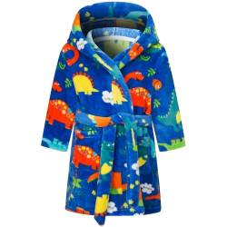 FILOWA Bademantel Kinder Jungen Kinderbademantel mit Kapuze, Flanell Flauschig Morgenmantel Kuschelig Lang Roben Weich Dressing Gown Warm Pyjama Gr.110-116, Blau Dinosaurier von FILOWA