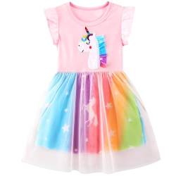 FILOWA Einhorn Kleider für Mädchen Kinder Rosa Armellos Tüll Baumwolle Rüsche Regenbogen Mädchenkleid Prinzesin Sommerkleid Party Geburtstag Süße Kleid Kleinkind Gr.98-104, 3-4 Jahre von FILOWA