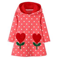 FILOWA Kapuzenkleid für Mädchen Blumen Tupfen Kapuzenpullover Kleider Baumwolle Langarm Hoodie Pullover Sweatshirt Freizeit Tops Frühling Herbst Winter Kleid Kinder 5-6 Jahre Rot von FILOWA